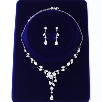 Swarovski Crystal Vine Leaves Drop Necklace Set  , Bridal Jewelry, Bridal Earrings And Necklace, Statement Earrings Cz Necklace Set